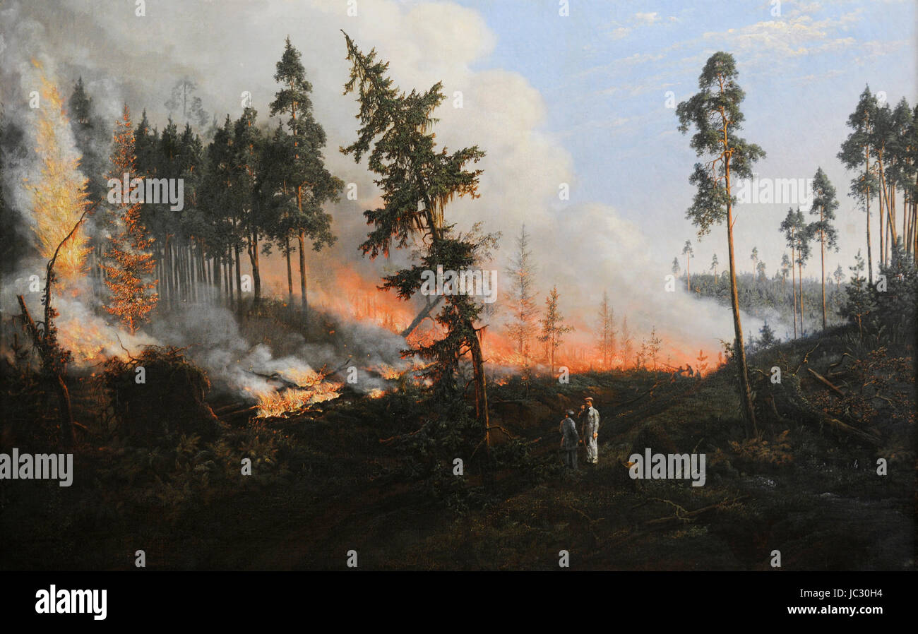 Wincenty Dmochowski (1807-1862). Active painter in Vilnius. The Forest Fire, 1860. Vilnius Picture Gallery. Lithuania. Stock Photo