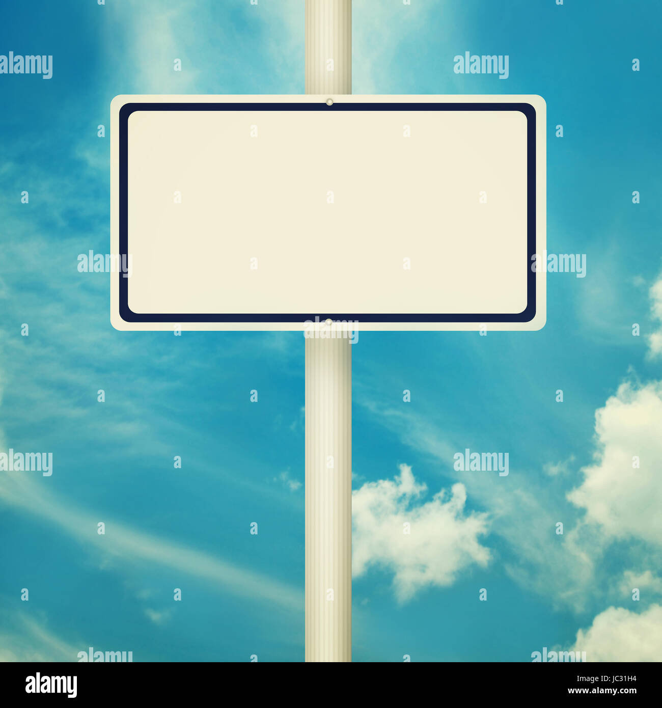 Blank road signs, empty street post, blue sky background in vintage