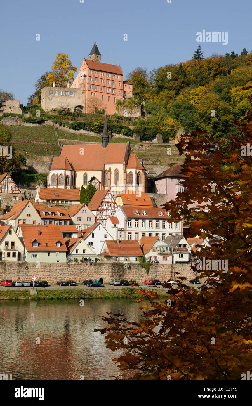 burg, hirschhorn, hessen, neckar, neckartal, odenwald, stadt, ort, ortschaft, festung, schloss, burgturm, bergfried, architektur, historisch, sehenswert, sehenswürdigkeit, fluss, ort,ortschaft, malerisch, pittoresk, Stock Photo