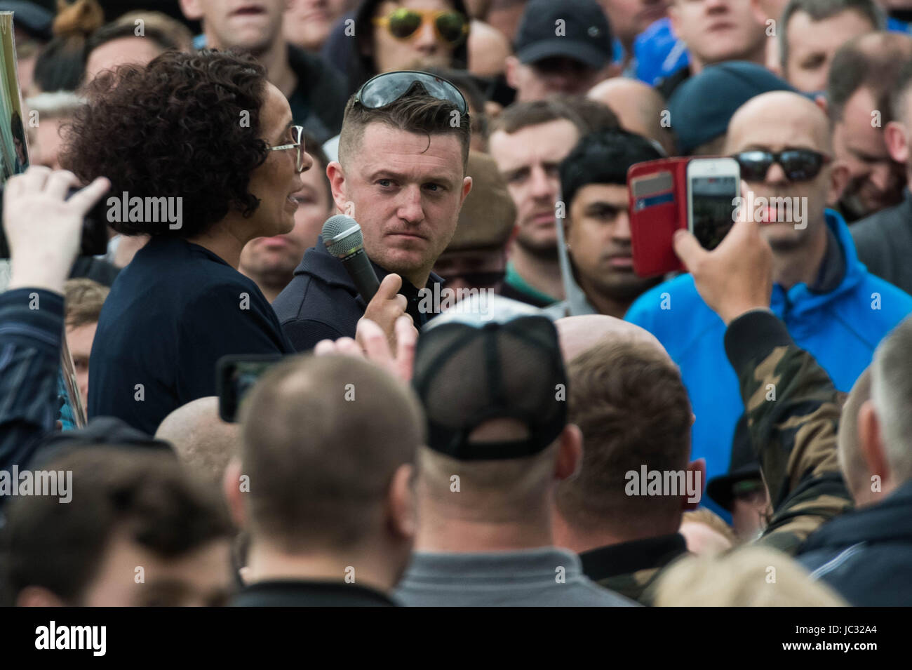 About 1,000 attend right-wing ‘Unite Against Hate' anti-Islamic march and rally lead by Tommy Robinson in Manchester city centre, UK. Stock Photo