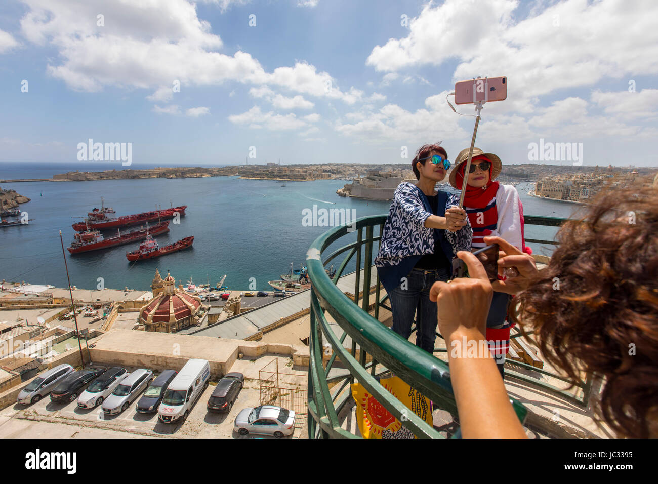 Malta, Grand Harbor, Valletta, view from Upper Barrakka Gardens on Birgu, Vittoriosa, Three-Cities, Stock Photo