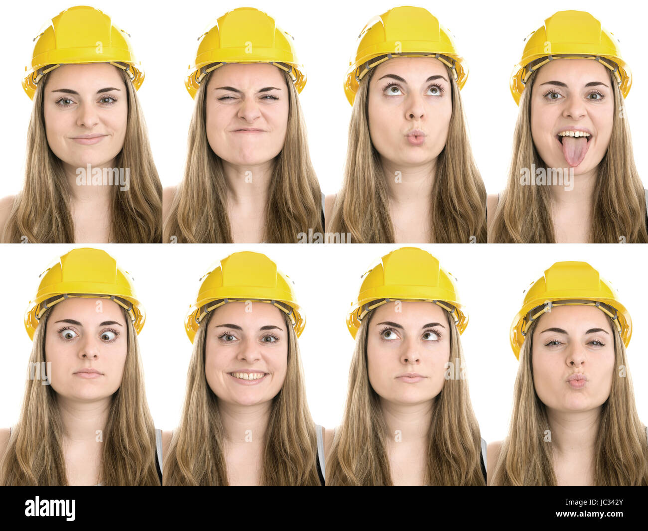 bauarbeiterin with various facial expressions Stock Photo