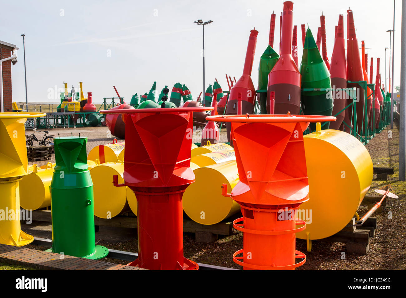 The East Frisian North Sea island Norderney, Germany, a barrel yard in the harbor, a place of storage for sea signs, buoys of the water and shipping o Stock Photo