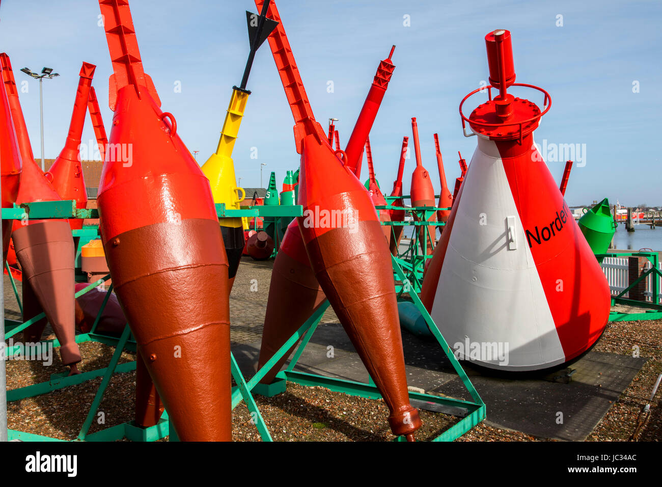 The East Frisian North Sea island Norderney, Germany, a barrel yard in the harbor, a place of storage for sea signs, buoys of the water and shipping o Stock Photo