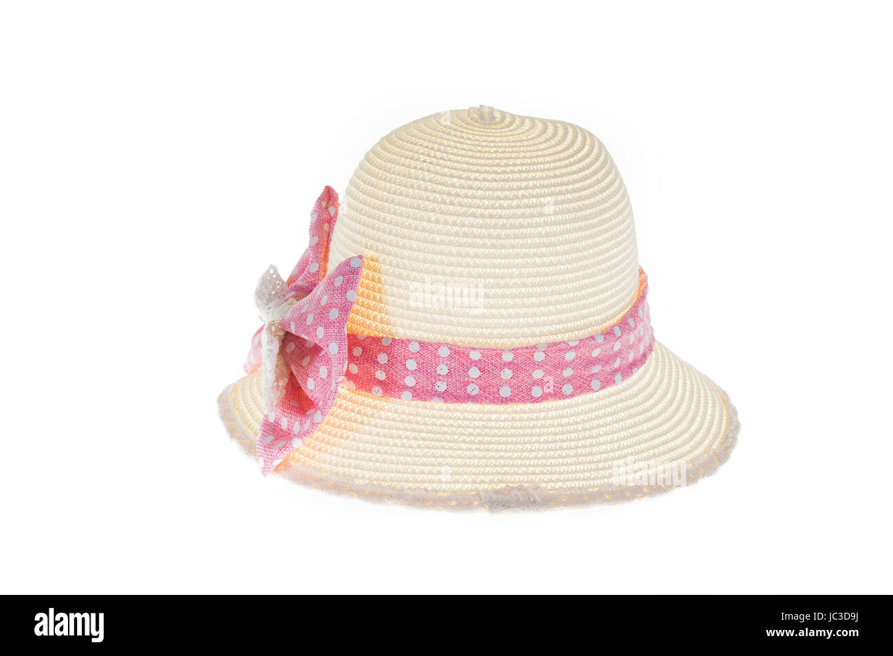 Pretty straw hat with pink ribbon on white background isolated Stock Photo