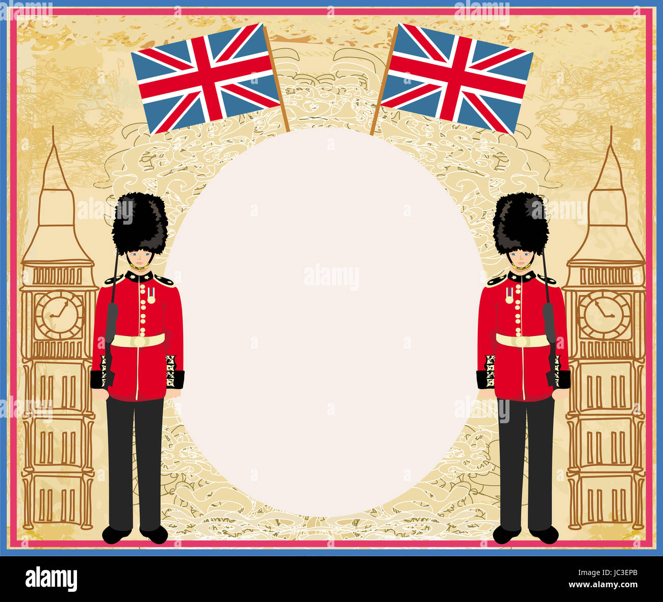 Abstract frame with a flag,Beefeater soldier and Big Ben Stock Photo