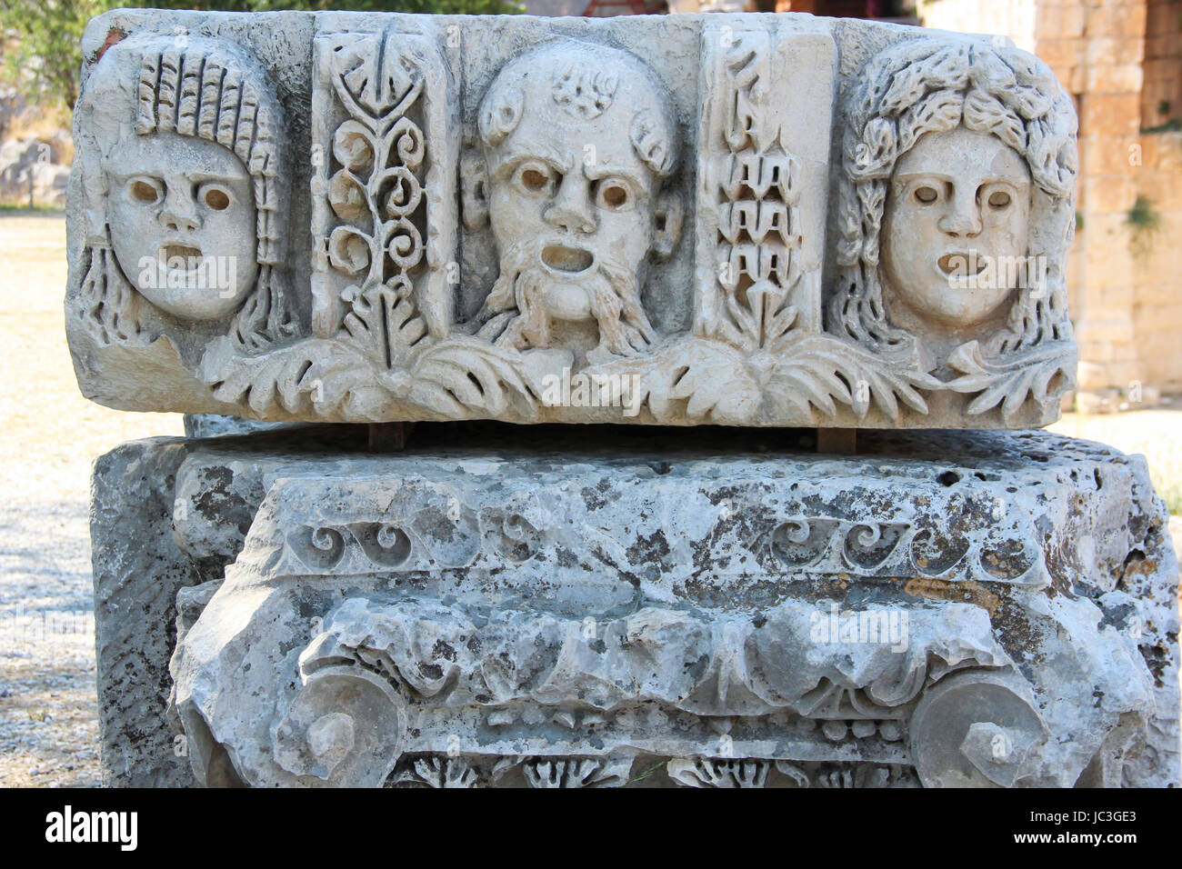 Turkish, Riviera, theatrical masks Myra, Lycia, south coast, Turkey, culture, Relief sculpture freeze from the Roman theatre, Anatolia Stock Photo