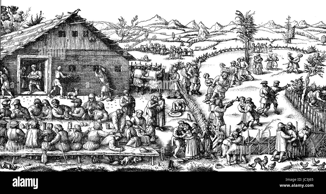 Annual peasant fair, 16. century. Bauernkirchweih, Kupferstich von Daniel Hopfer, 16. Jahrhundert, digital improved reproduction from a publication of the year 1880 Stock Photo