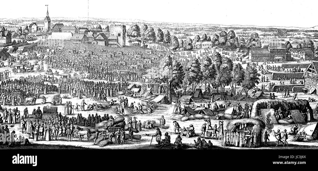 Situation at the village of Hornhausen, with it's healing springs in the year 1646, Leben bei den Heilquellen von Hornhausen im Jahre 1646, digital improved reproduction from a publication of the year 1880 Stock Photo