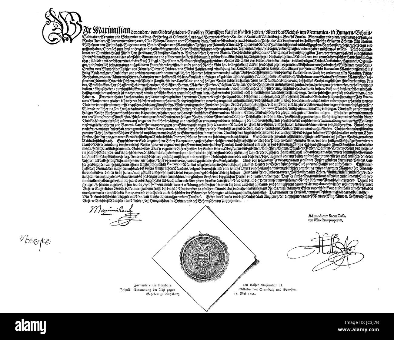 Mandate of Emperor Maximilian II. Renewal of the law, against Wilhelm von Grumbach and comrades, Mandat von Kaiser Maximilian II. Erneuerung der Aechtung, gegen Wilhelm von Grumbach und Genossen, digital improved reproduction from a publication of the year 1880 Stock Photo