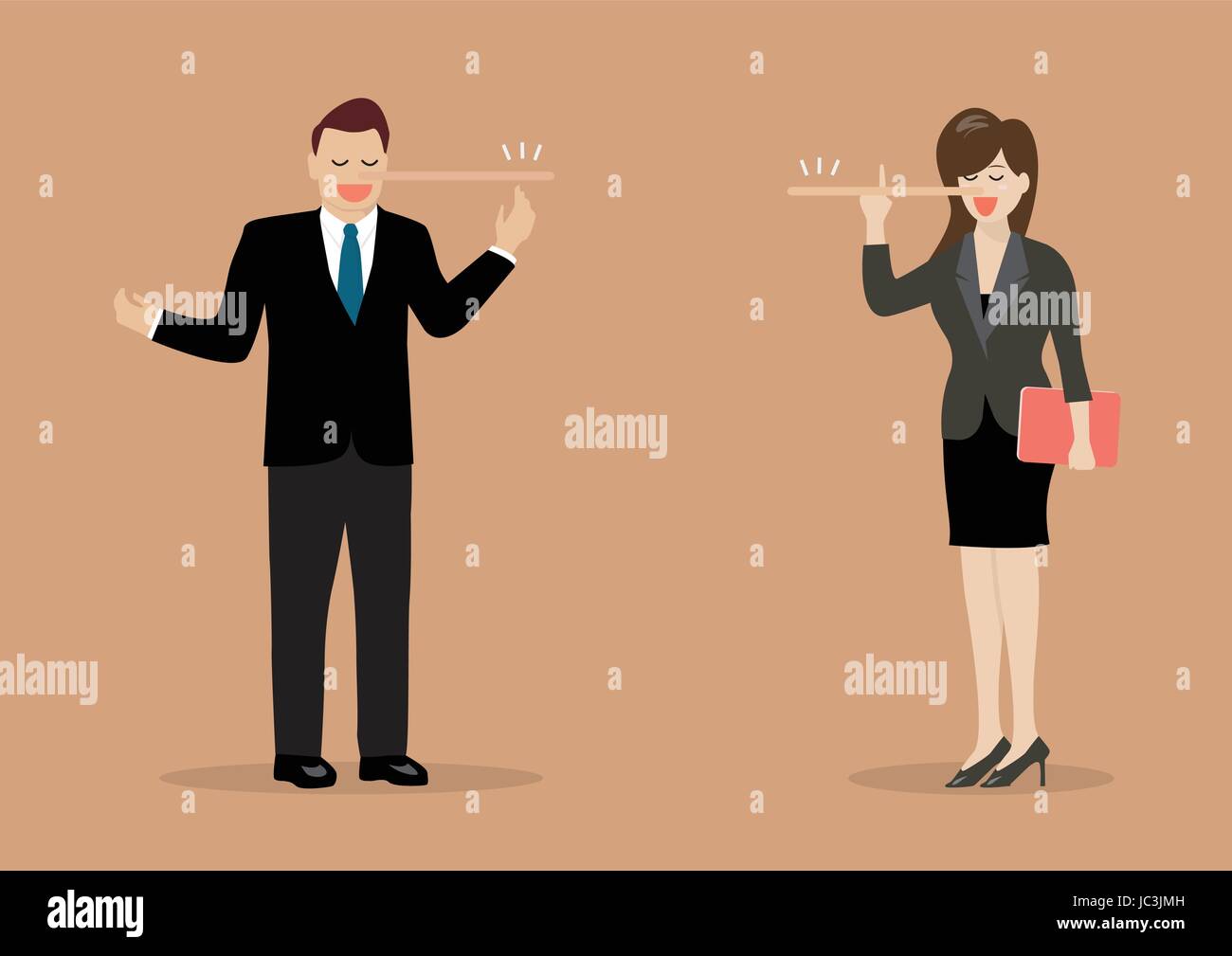 Lying businessman and woman with long nose. Vector Illustration Stock Vector