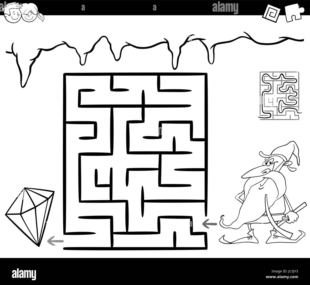 Cartoon Illustration of Education Maze or Labyrinth Game for Children with Dwarf in Mine and Precious Gem Stock Vector