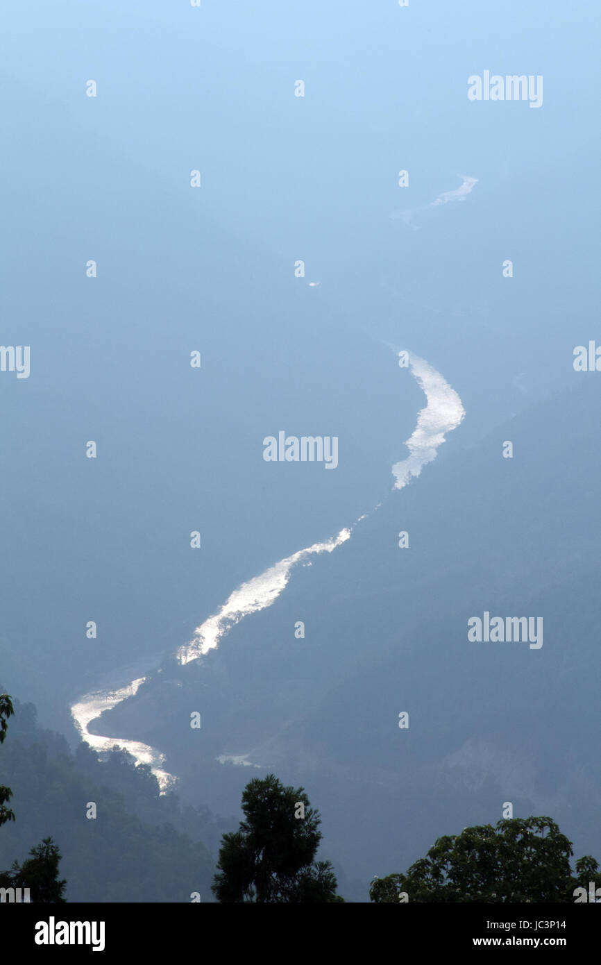 View of the River Teesta at dusk as it flows through the valley