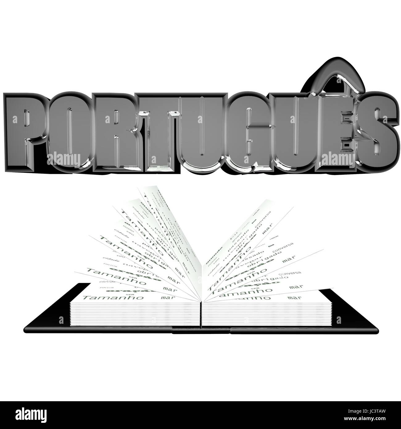 "Portugues" word over an open book, isolated over white, 3d render ...