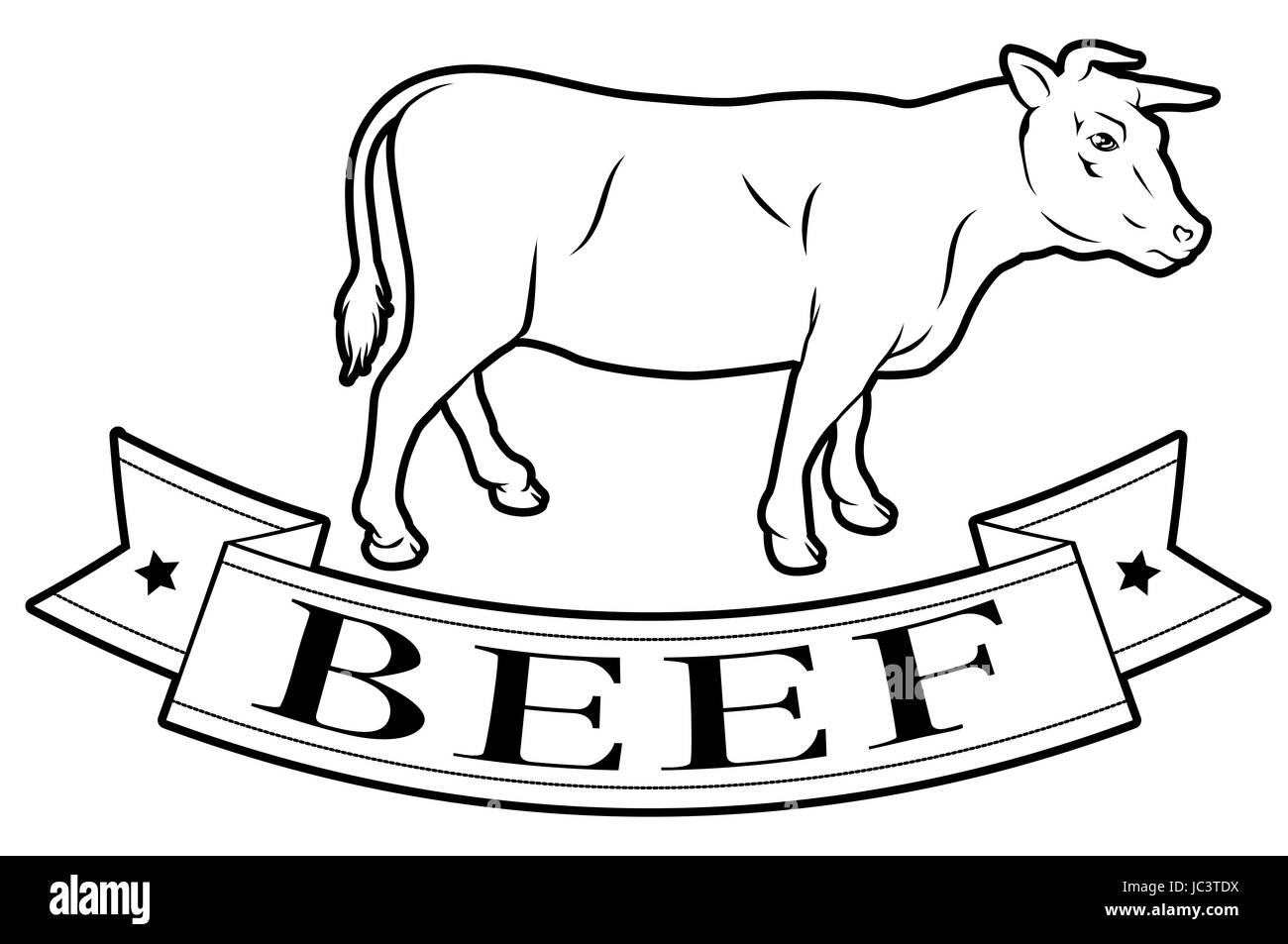 Beef meat food label of a cow and banner reading beef Stock Photo Alamy