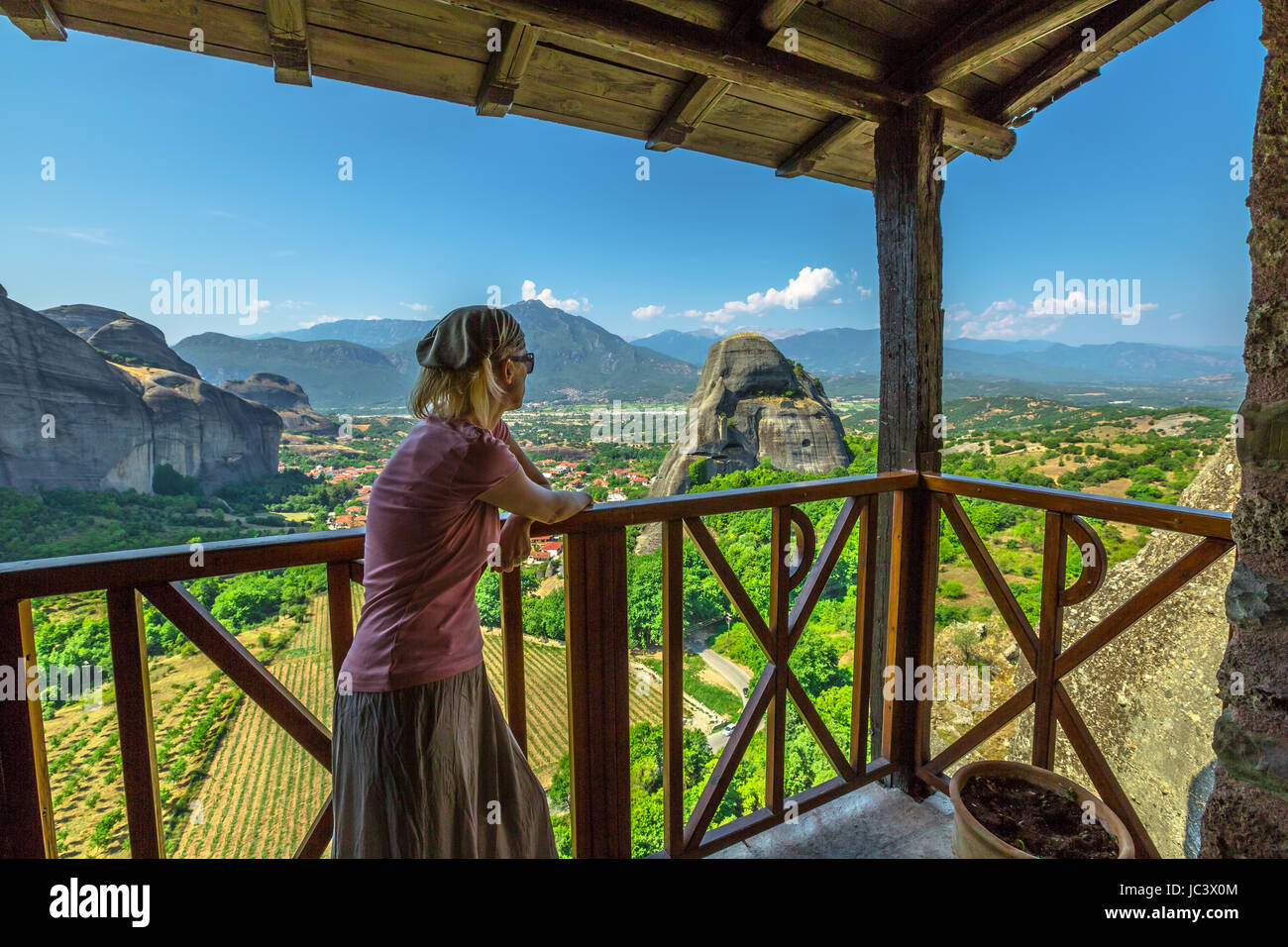 Woman at Meteora Monasteries Stock Photo