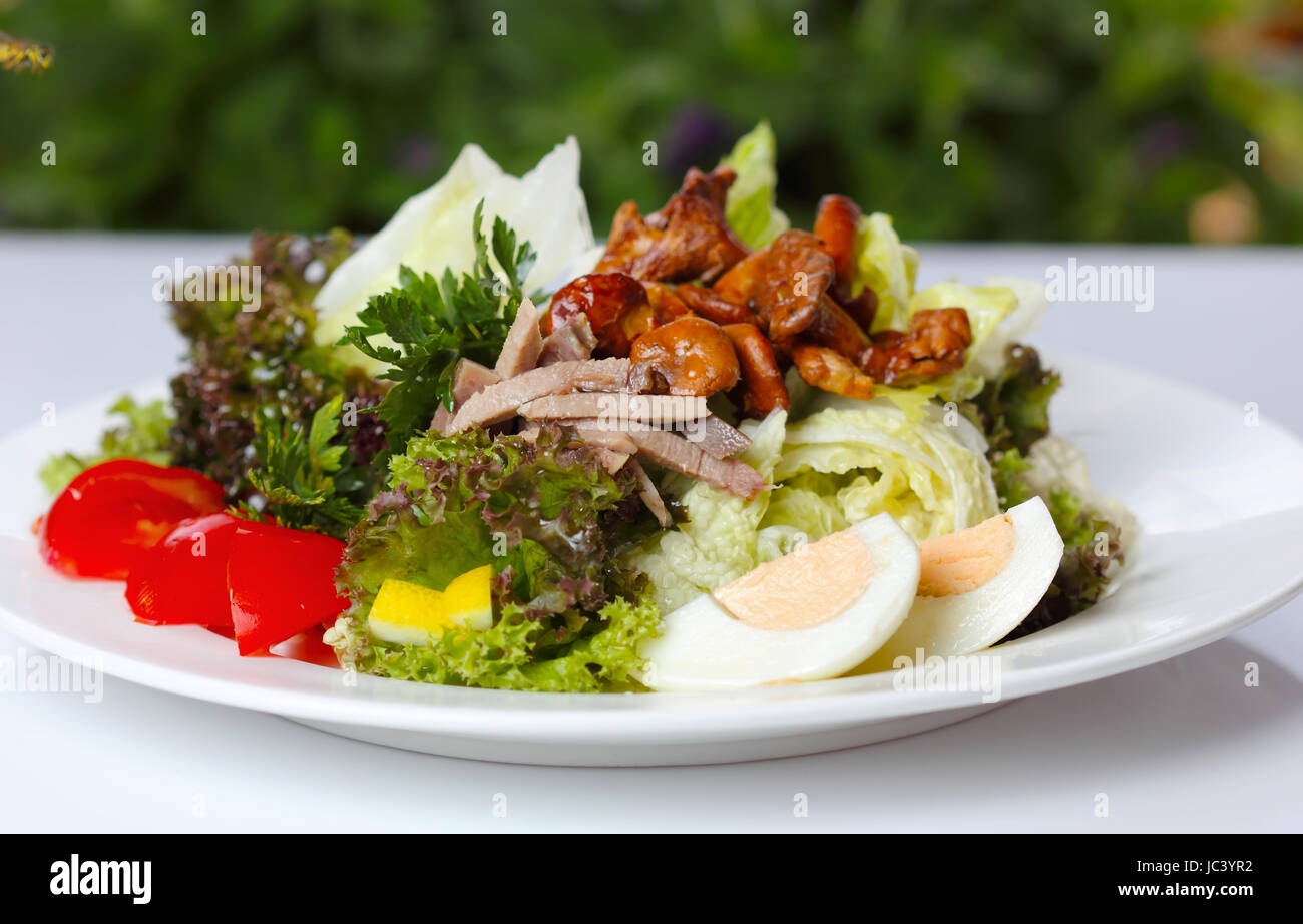 Delicious salad with greens and mushrooms (closeup, selective focus) Stock Photo