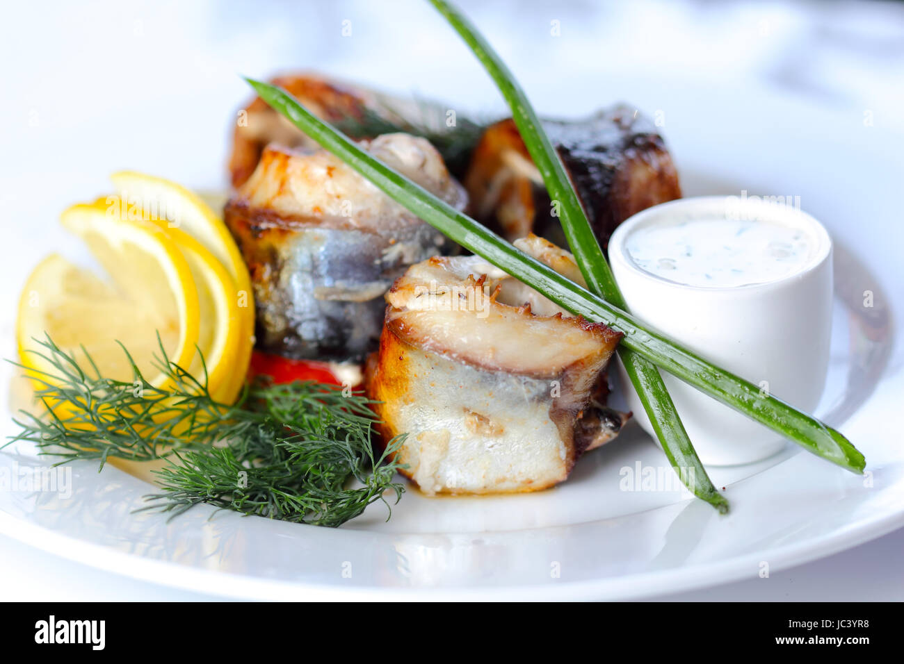 Prepared sea fish portions with greens and vegatables (closup, selective focus) Stock Photo