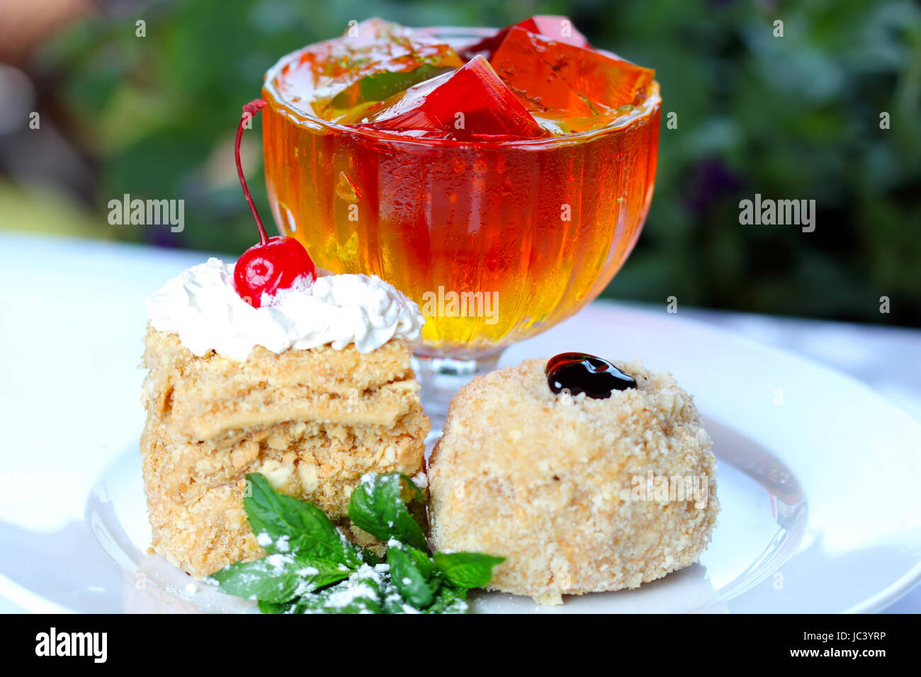 Sweet jelly and pastry dessert (closup, selective focus) Stock Photo