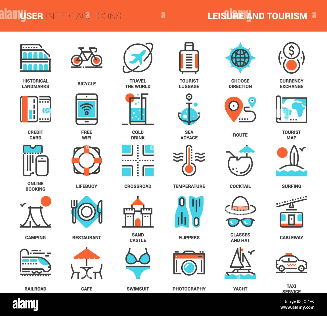 Vector set of leisure and tourism flat line web icons. Each icon with