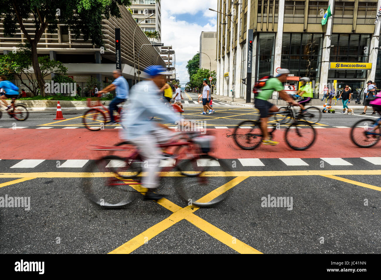 People cycling on Avenida Paulista on sunday, SÃ£o Paulo, SP Stock Photo