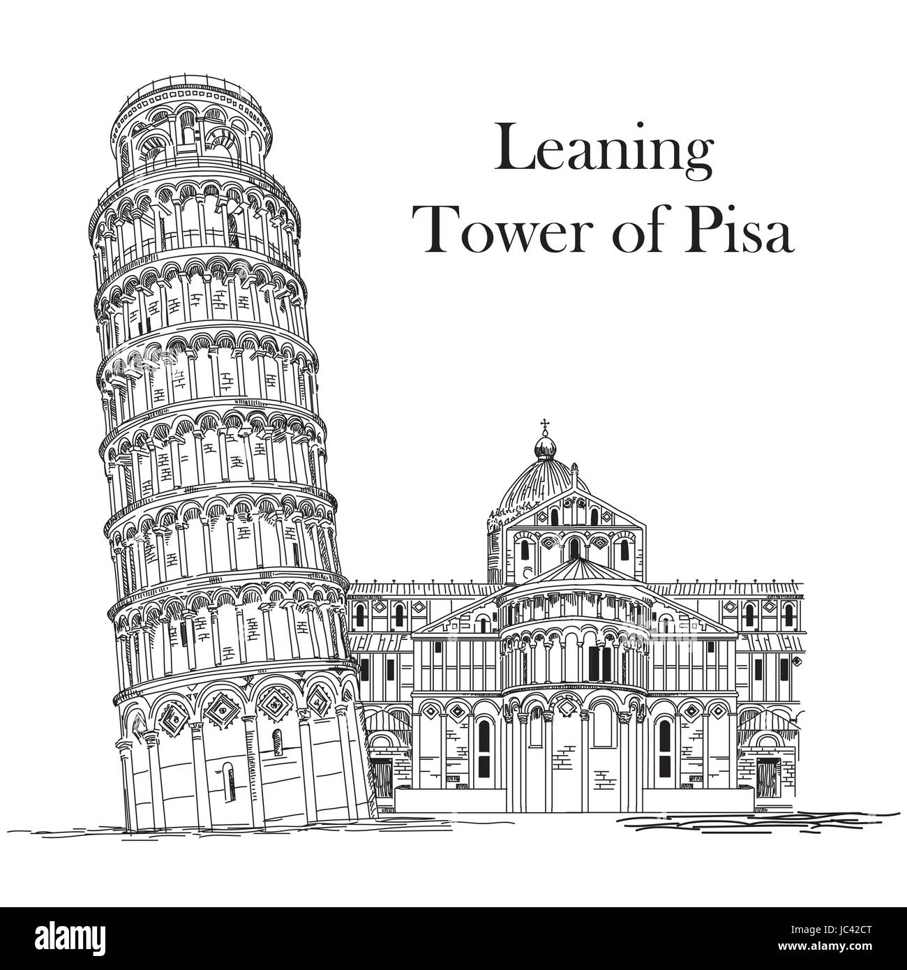 Leaning Tower of Pisa (Landmark of Italy) vector hand drawing illustration in black and white Stock Vector