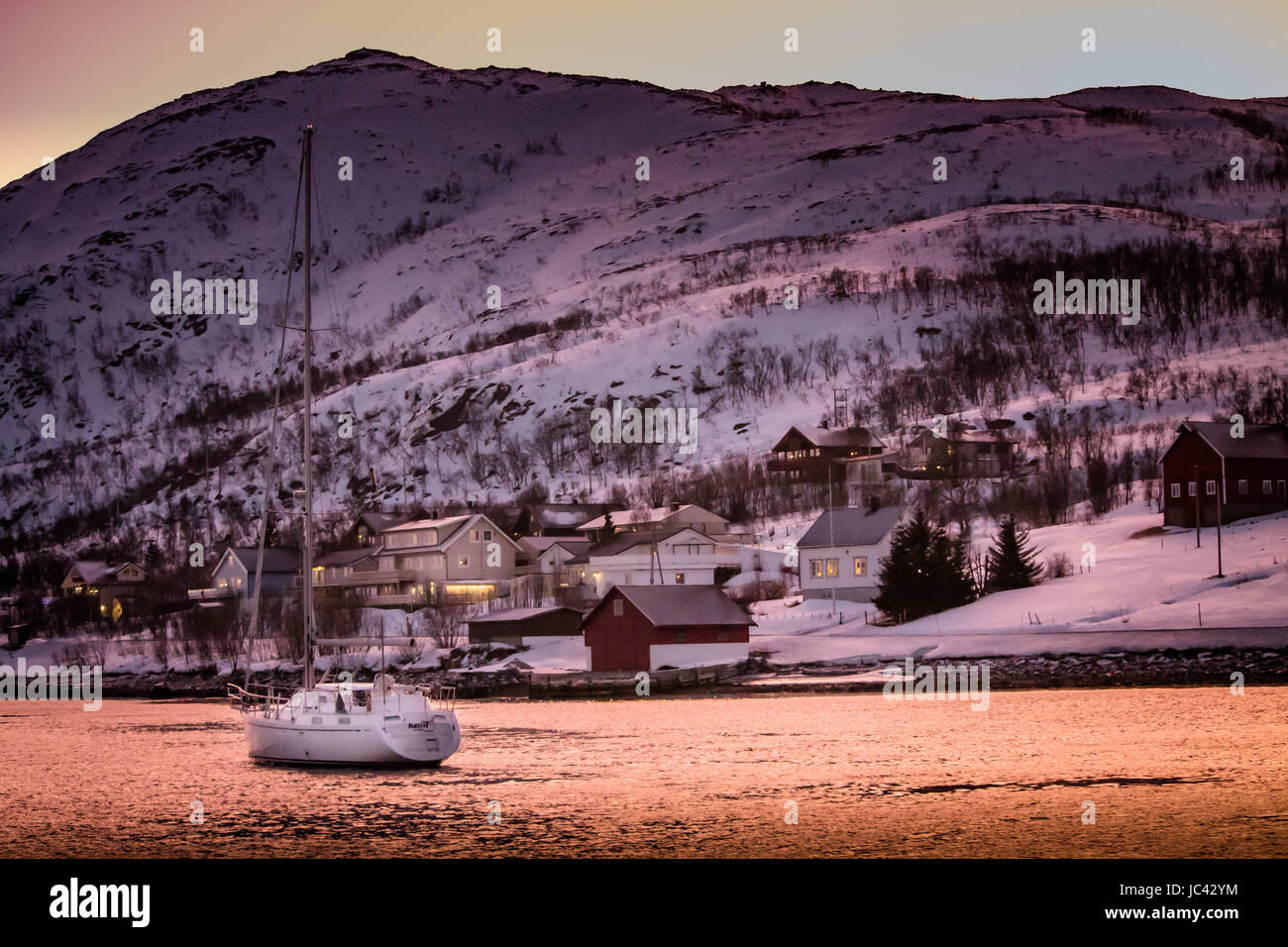 Polar evening in the Norwegian Fjords near Tromso Stock Photo