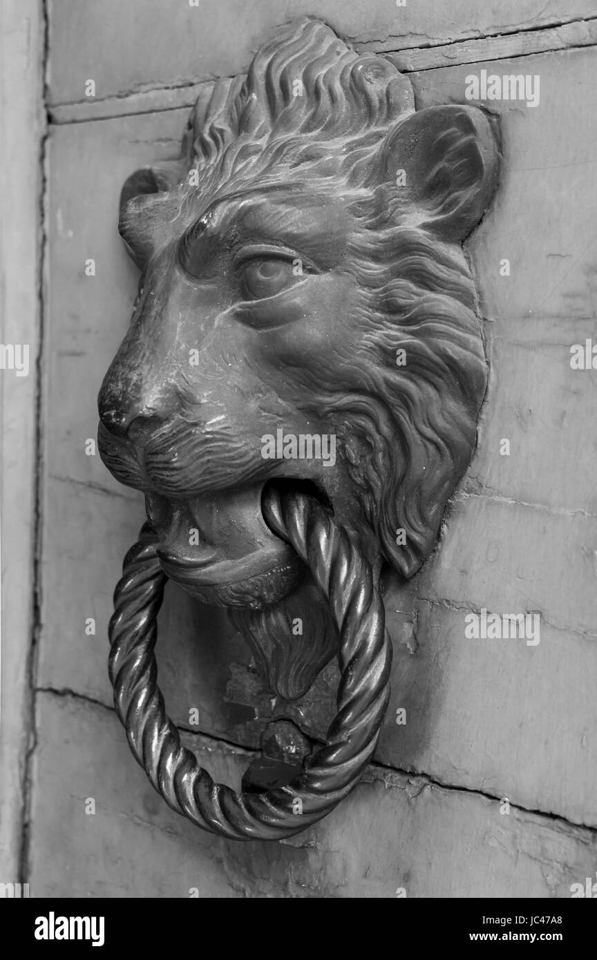 Doors with door knocker in the shape of lion head Stock Photo