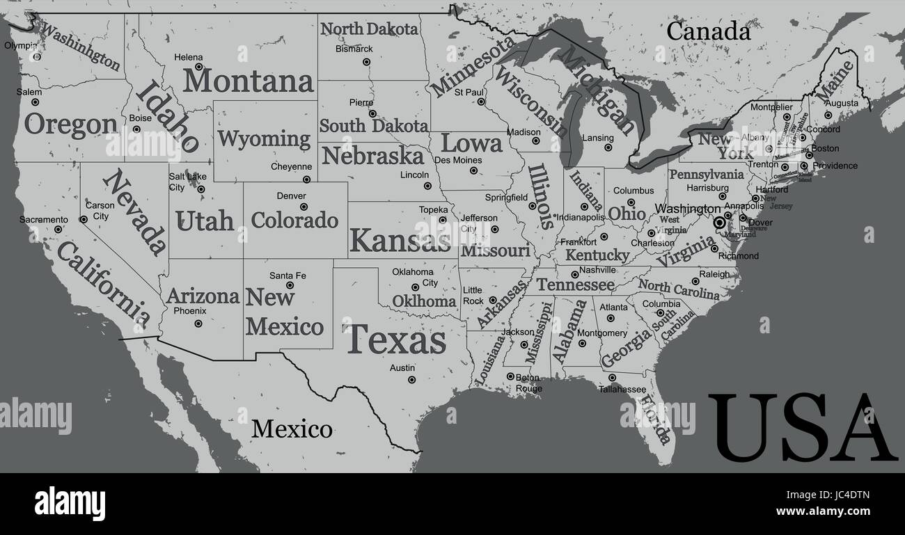 Blank USA map isolated on gray background. United States of America country with administrative names of cities inscriptions. Vector info graphics ill Stock Vector