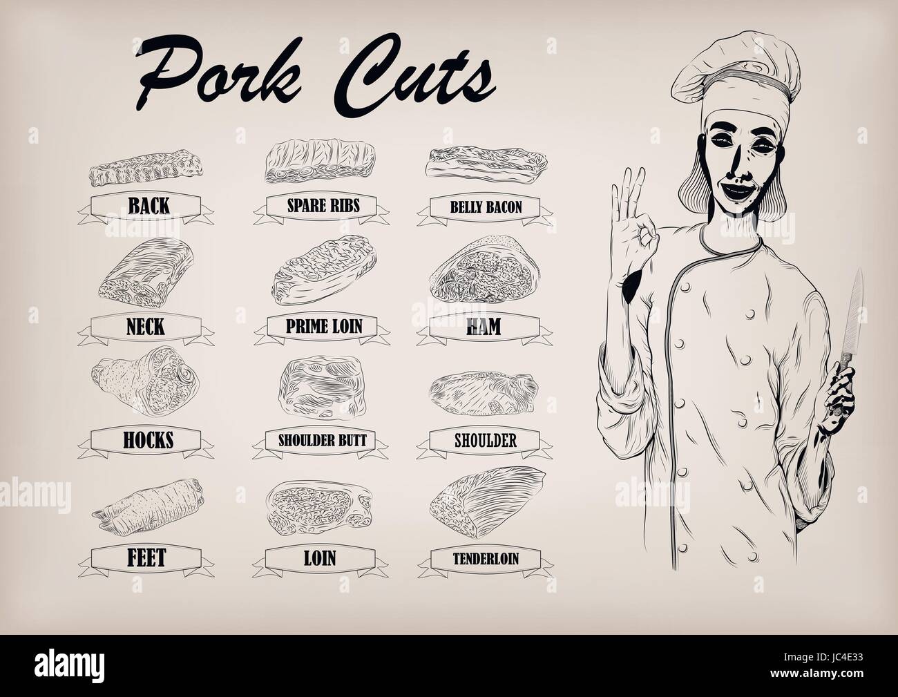 Pork pig carcass cut parts info graphics scheme sign poster butchers
