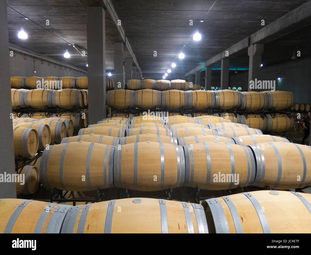 Indoor photo of wooden barrels in old winery. La Rioja, the largest