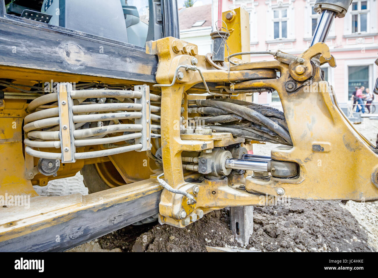 View on hydraulic pressure system with hoses for excavator arm Stock