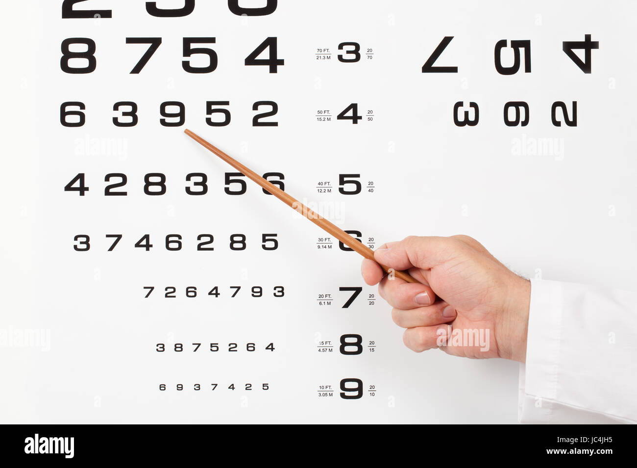 Doctor optometrist ophthalmologist, pointing out a number in a chart during performing an eye test in the consulting room. Stock Photo