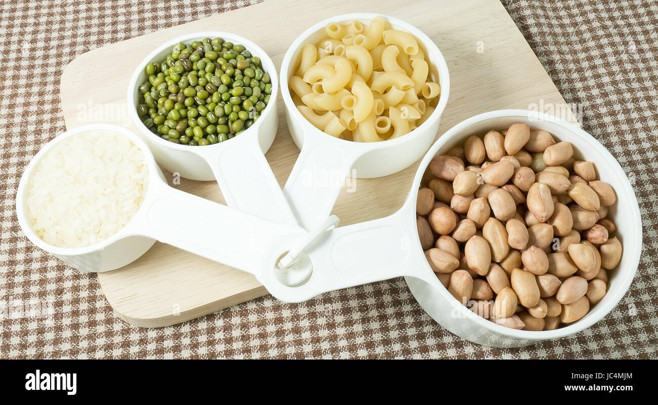 Foods High in Carbohydrate, Raw Pasta, Rice, Peanuts and Mung Beans in