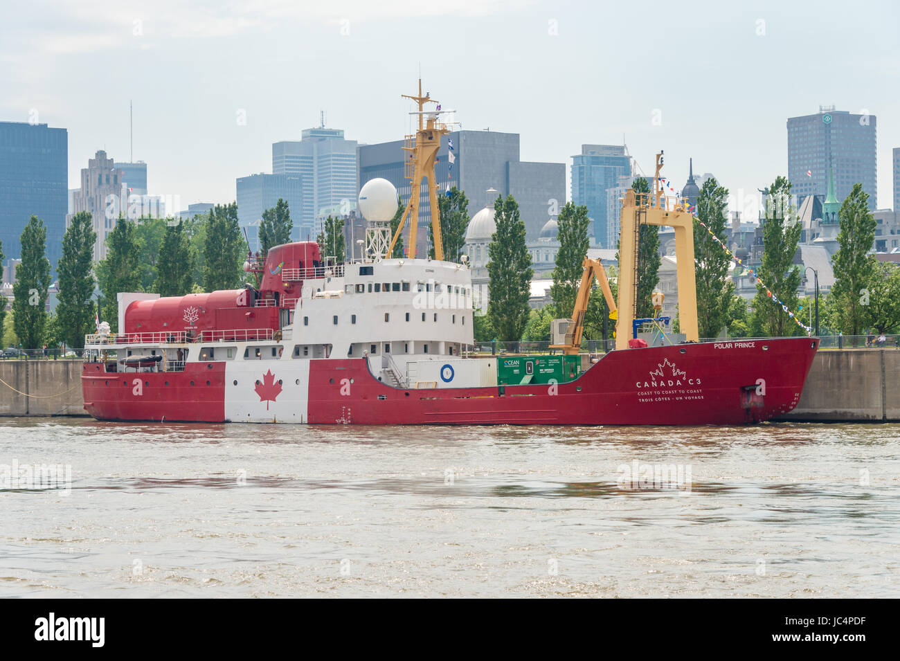 Montreal, CANADA - 12 June 2017: Icebreaker C3 cruising the Northwest Passage from Toronto to Victoria is moored in Montreal Old Port Stock Photo
