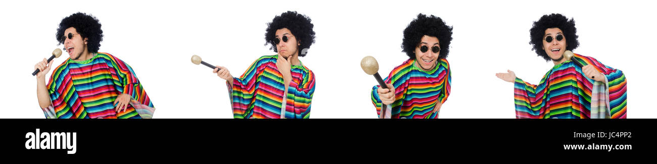 Funny mexican wearing poncho with maracas isolated on white Stock Photo