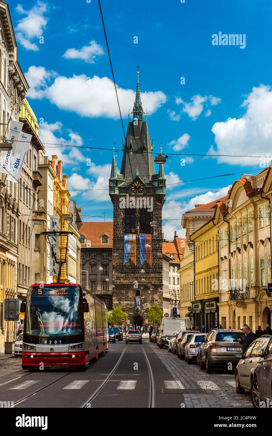 City center’s street with tram and Henry’s Tower in the background, Prague, Bohemia, Czech Republic Stock Photo
