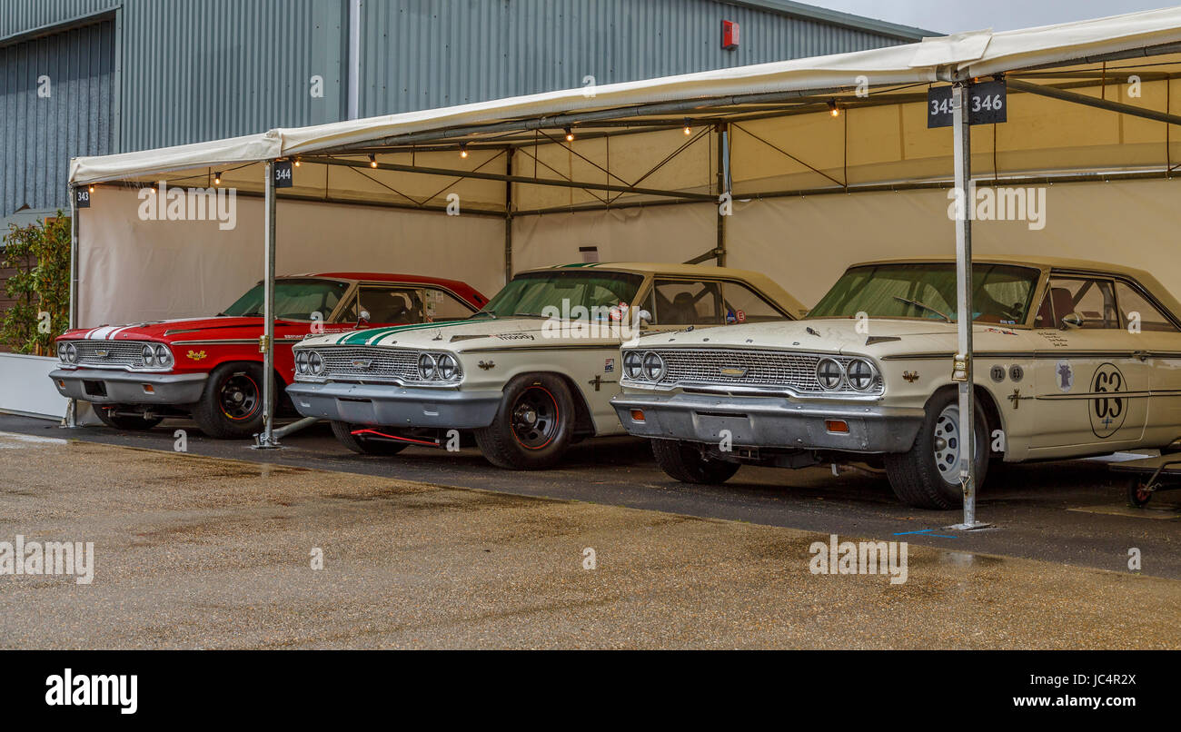 Three 1960's Ford Galaxies in the paddock area before the Pierpoint Cup ...