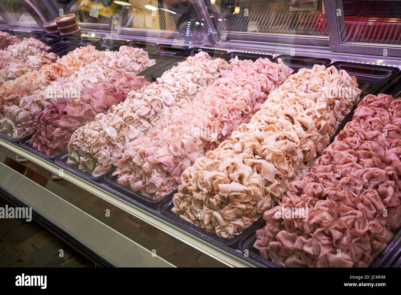 thinly sliced cooked meats for sale reading terminal market food court Philadelphia USA Stock Photo