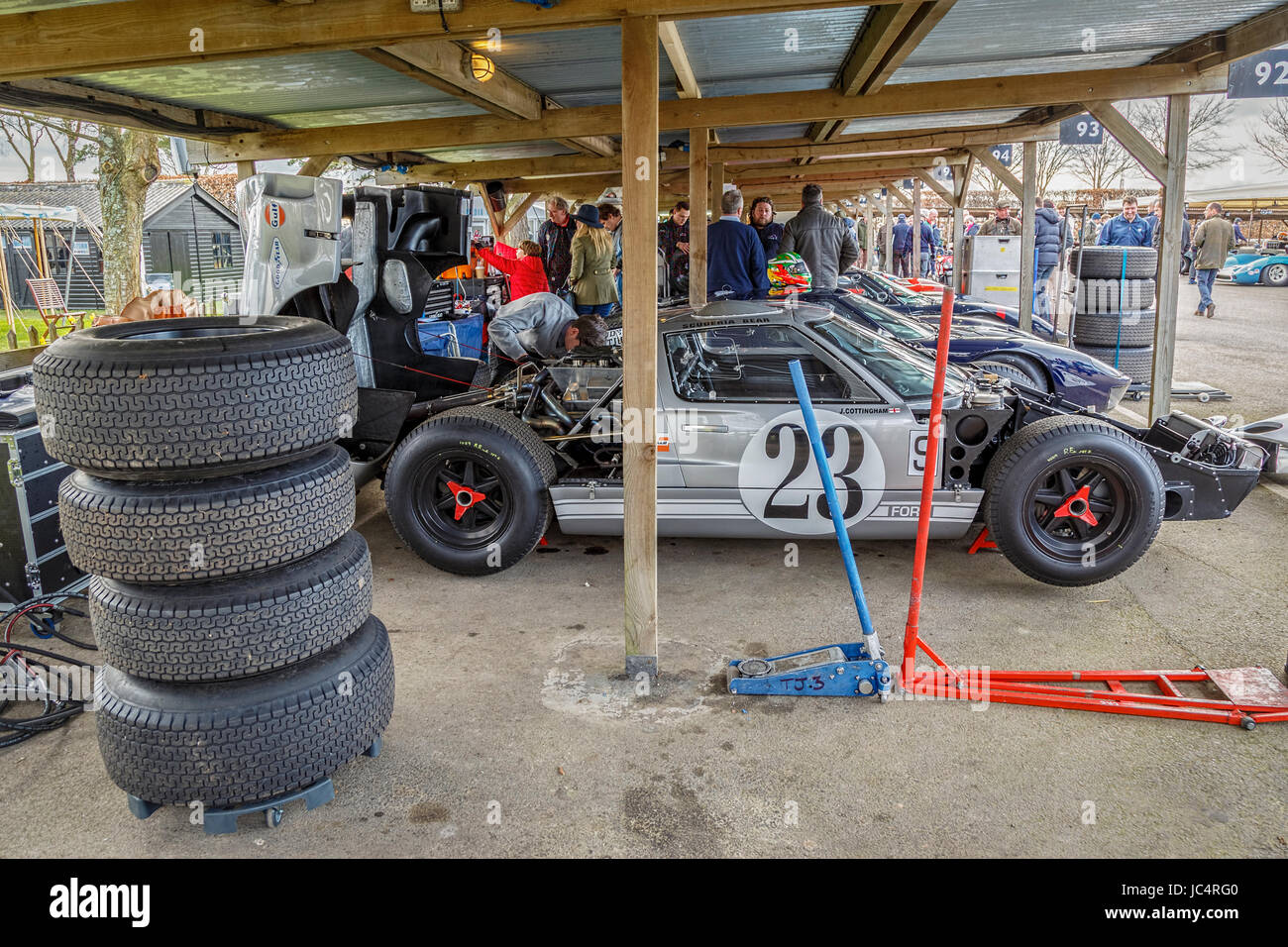 1965 Ford GT40 being prepared in the paddock by mechanics for the ...