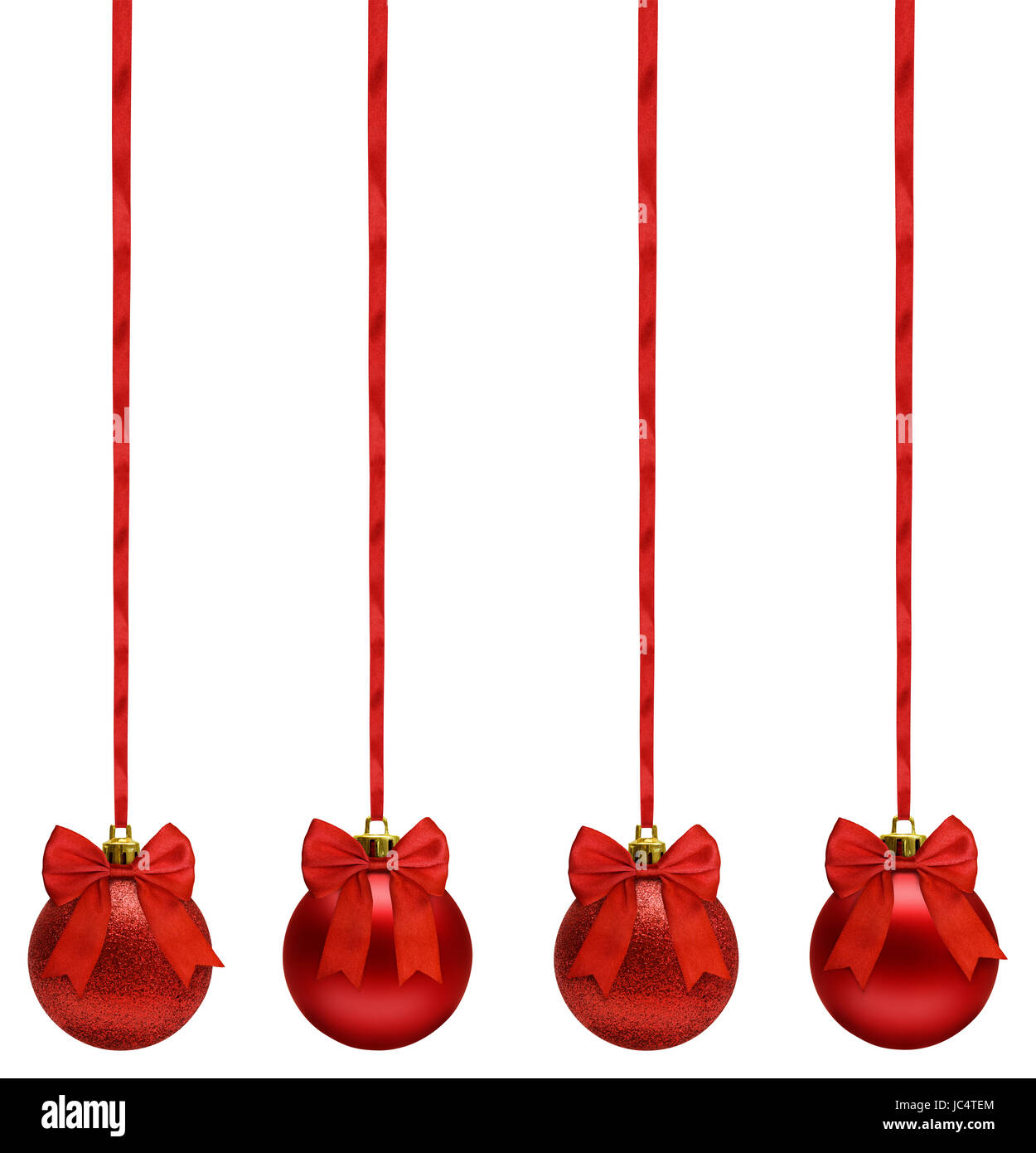 Red xmas balls hanging on ribbon bow in a row over white, clipping path