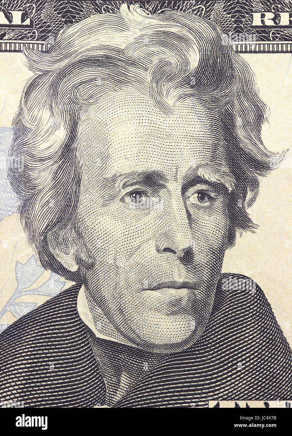 Andrew Jackson face on US twenty or 20 dollars bill macro, united states money closeup Stock