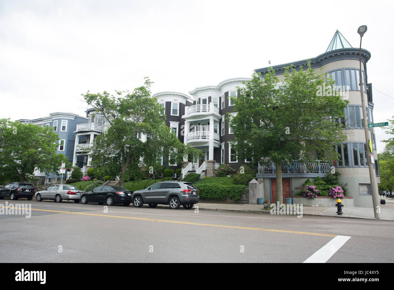 A wide view of houses on Farragut Road in South Boston, Massachusetts