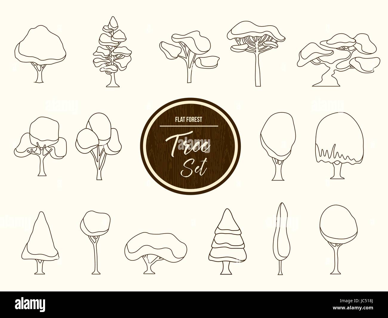 Set of hand drawn forest trees, outline template collection for coloring book or decoration. EPS10 vector. Stock Vector