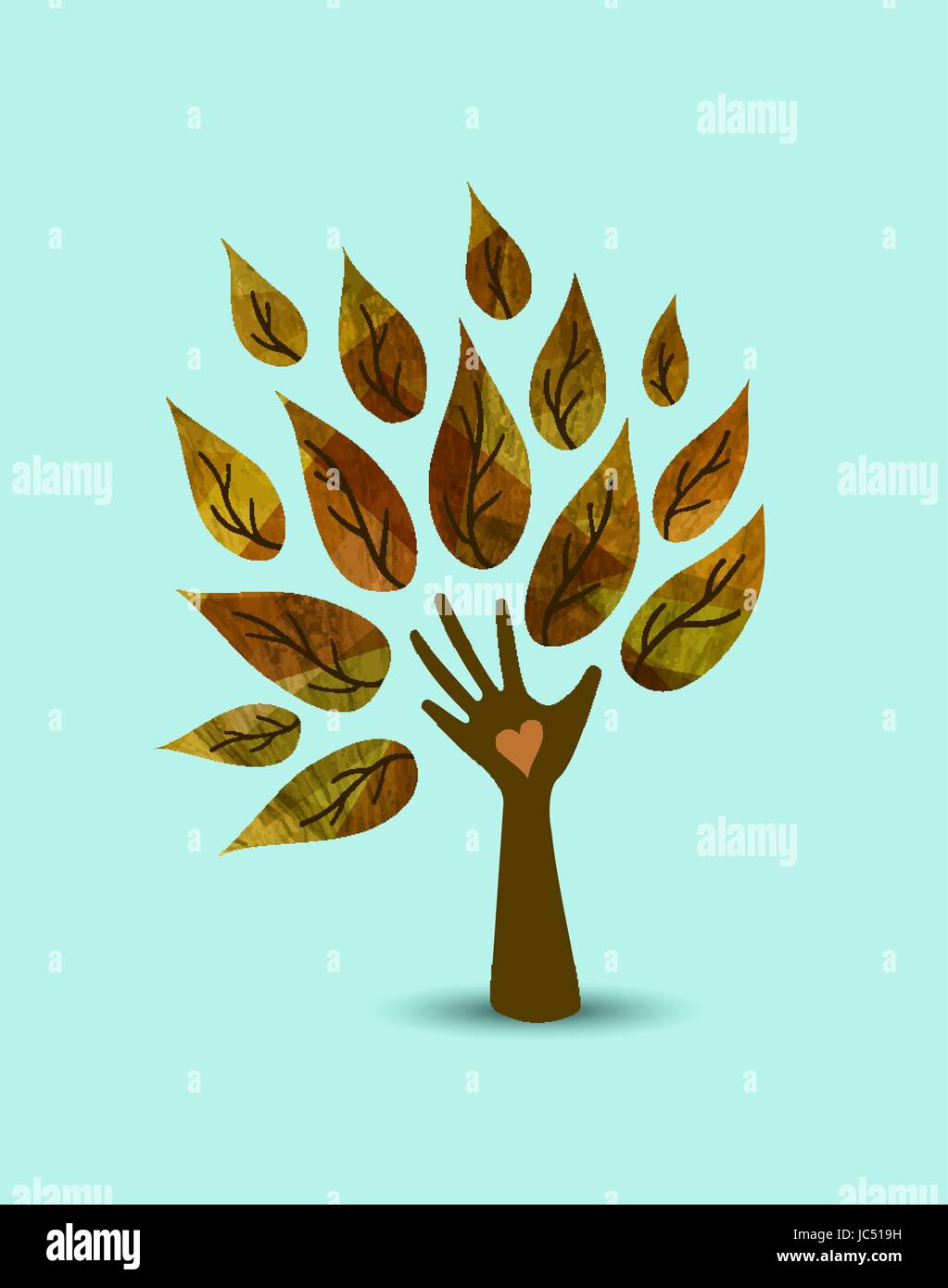 Hand tree art with wood texture and autumn leaves. Concept illustration