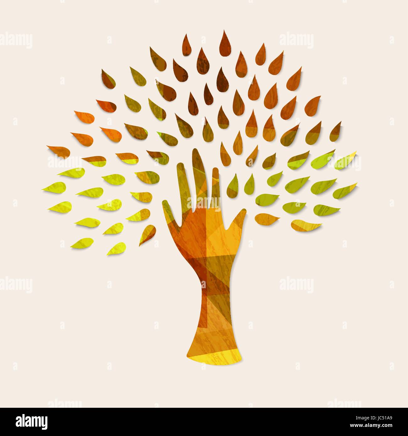 Hand tree art with wood texture and autumn leaves. Concept illustration