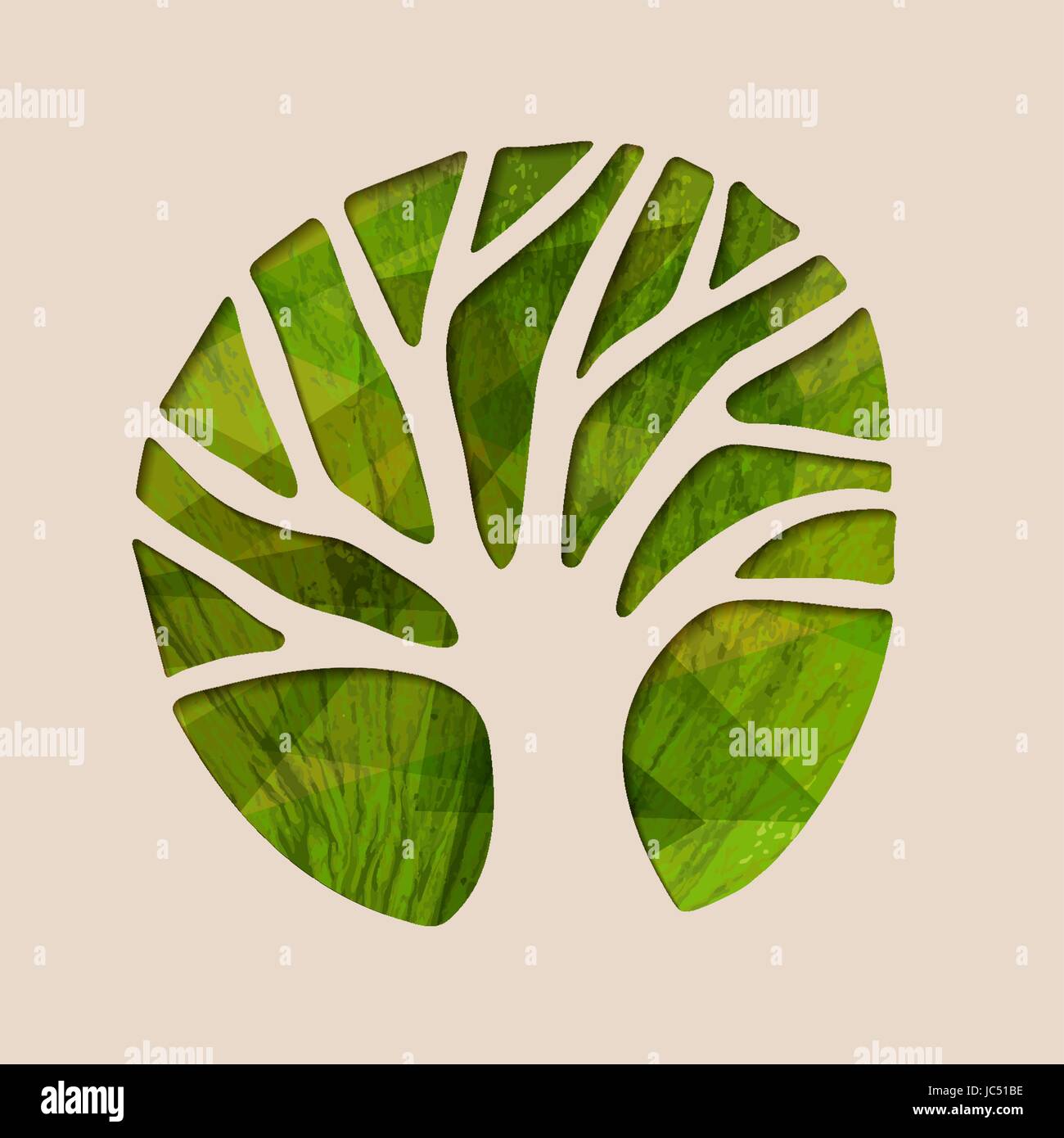 Tree silhouette shape with green leaf texture in paper cut style. Concept illustration for environment care or nature help project. EPS10 vector. Stock Vector