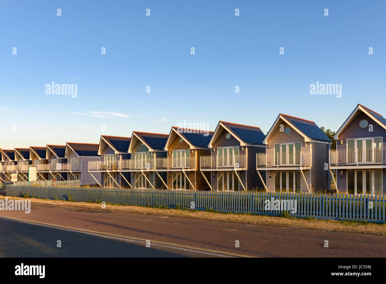 Row of seaside beach Chalets, Isle of Wight, UK Stock Photo