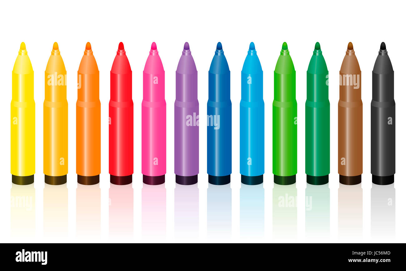 Thick felt tip pens, colorful set, upright standing in a row - illustration on white background. Stock Photo