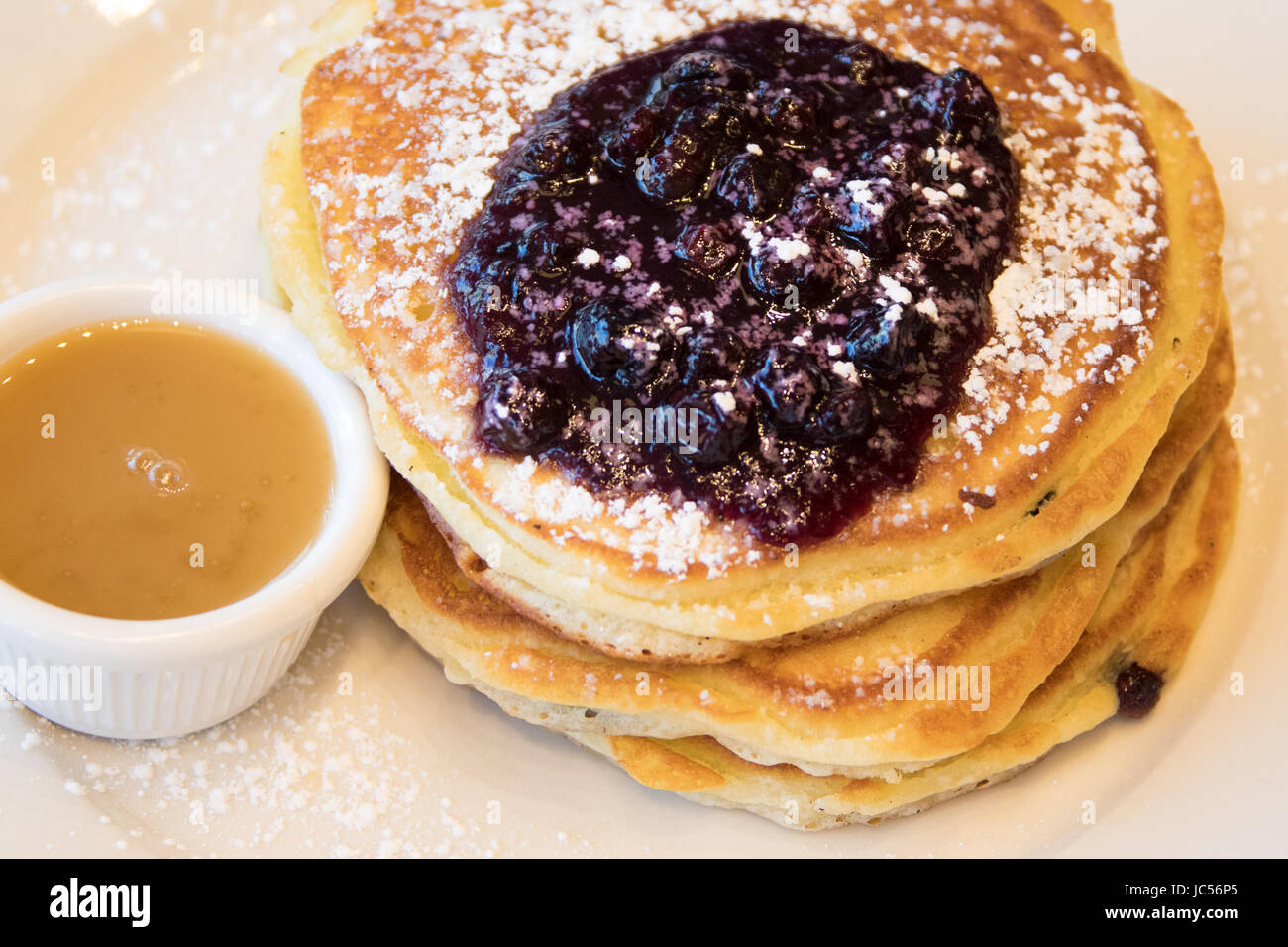 Blueberry pancakes with warm maple butter, Clinton Street Baking Company restaurant, Lower East Side, New York City Stock Photo